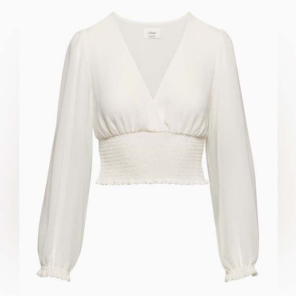 Aritzia Wilfred Women's Cream Wistful long puff sleeve v neck crop top blouse L - Picture 1 of 6
